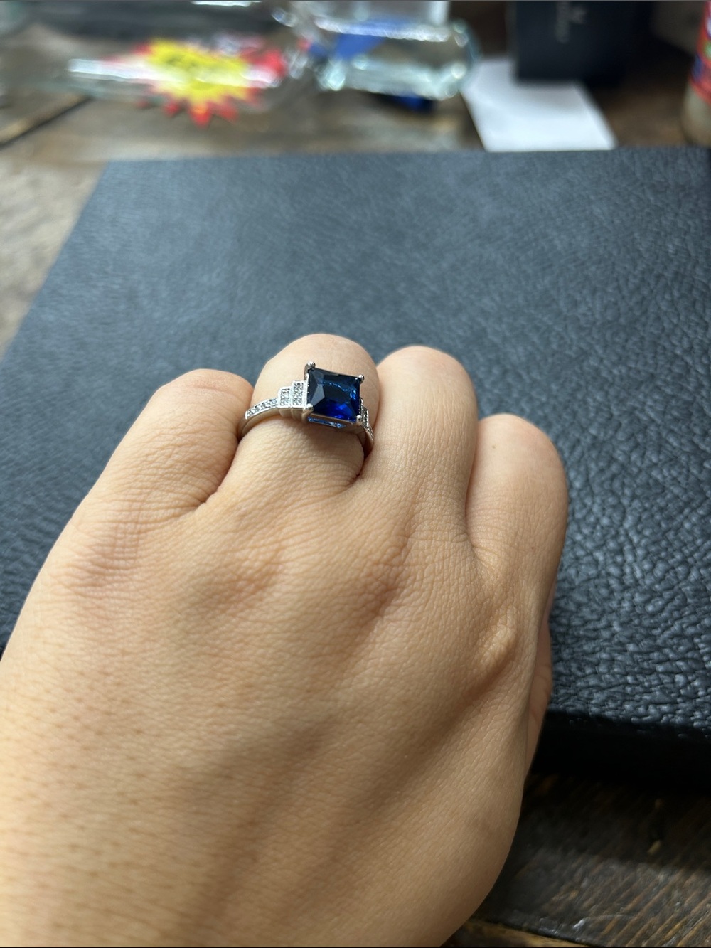 925 Sterling Silver Ring with Square Dark Blue Gem and Accent Stones Size 8